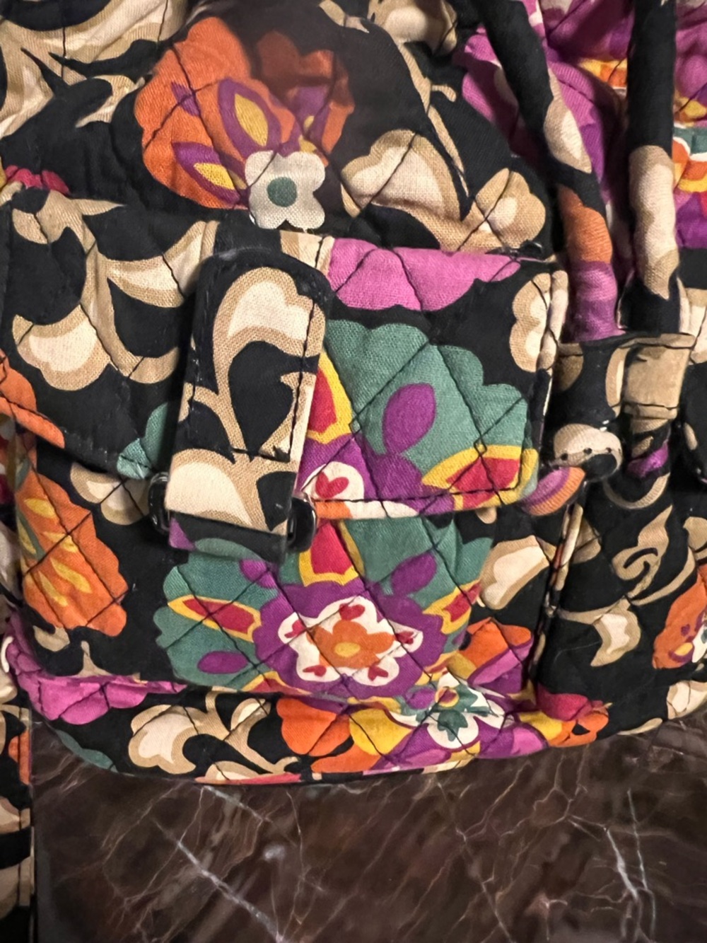 Vera Bradley Quilted Floral Drawstring Crossbody Bag Black and multicolor bucket - Picture 12 of 14